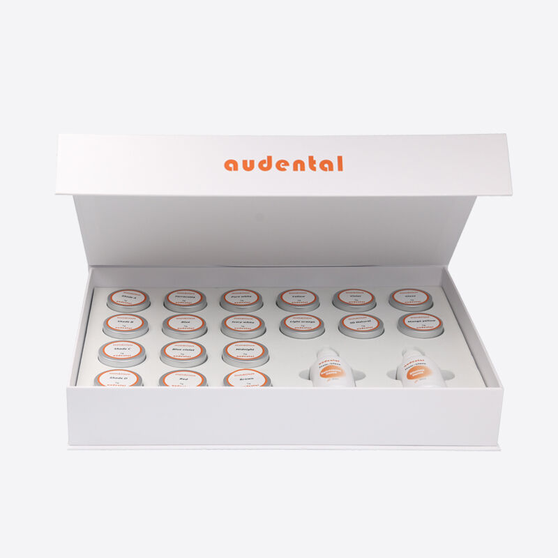 Εξοπλισμός οδοντιατρικού εργαστηρίου με έτοιμο για χρώματα και γυαλιστερό πάστα που επιτρέπει την ομαλή εφαρμογή και ευέλικτη προσαρμογή της σκιάς